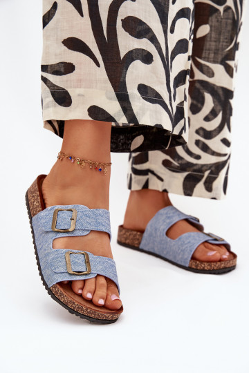 Ciabatte da donna in denim chiaro con piattaforma e fibbie Vesina 2