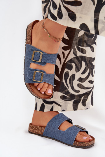 Ciabatte da donna in denim scuro con piattaforma e fibbie Vesina