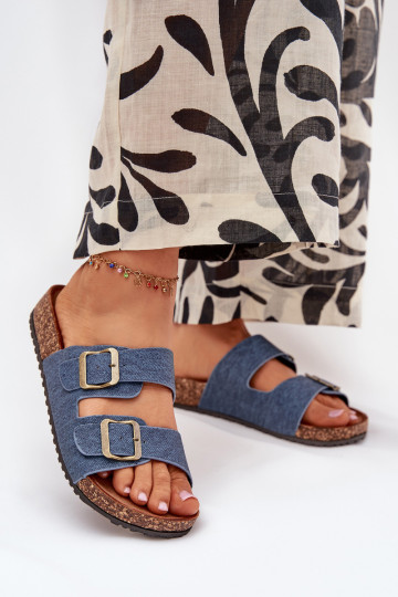 Ciabatte da donna in denim scuro con piattaforma e fibbie Vesina 2