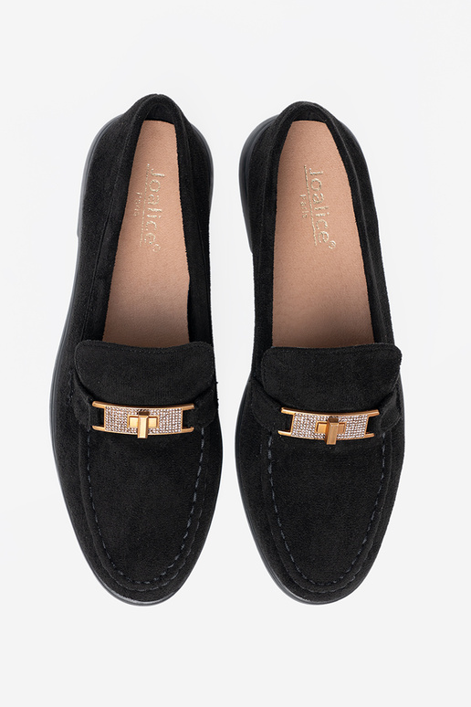 colore nero dalla pelle scamosciata mocassini z elegancką złotą ozdobą