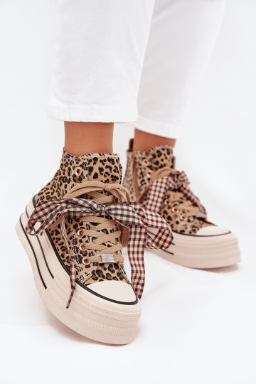 Scarpe per il tempo libero con nastri di allacciatura I Zamkiem con una piattaforma con motivi di pelliccia di leopardo Devevara