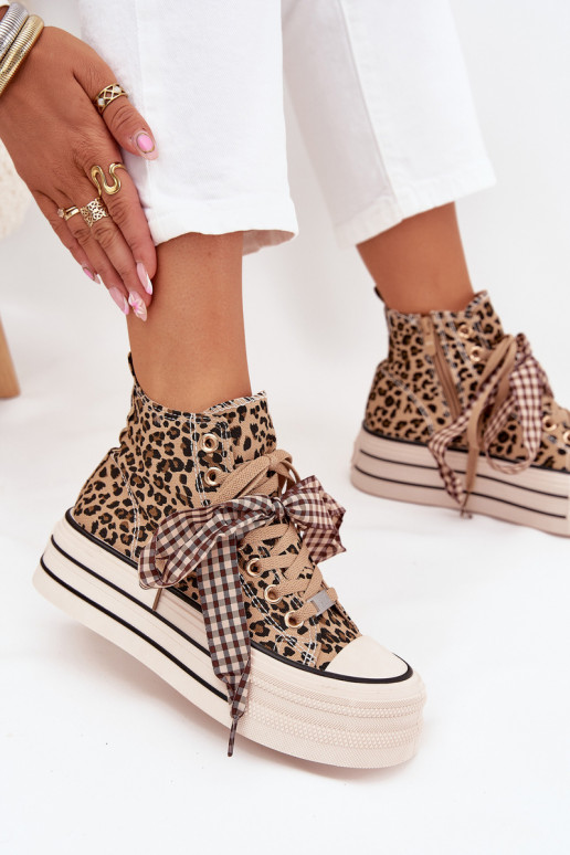 Scarpe per il tempo libero con nastri di allacciatura I Zamkiem con una piattaforma con motivi di pelliccia di leopardo Devevara