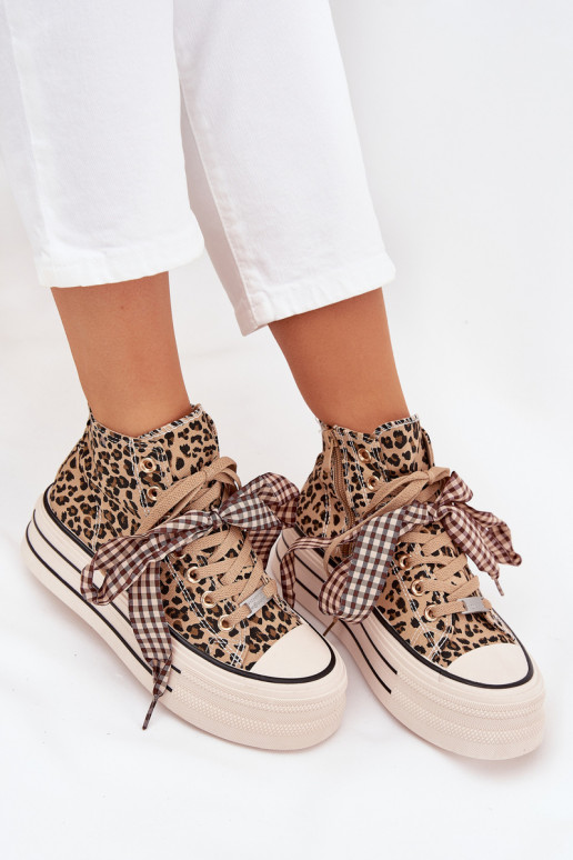 Scarpe per il tempo libero con nastri di allacciatura I Zamkiem con una piattaforma con motivi di pelliccia di leopardo Devevara
