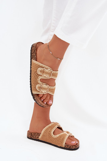 Pantofole all'uncinetto da donna con fibbie dorate, colore marrone "Fenira"