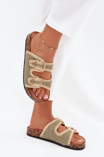 Pantofole all'uncinetto da donna con fibbie dorate, colore verde "Fenira"