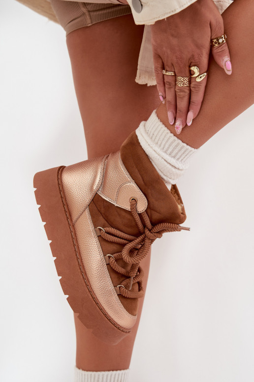 Basso Stivali da neve Femminile riscaldamento con pelliccia all internoGrubym INiązaniem colore marrone Xarina