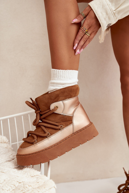 Basso Stivali da neve Femminile riscaldamento con pelliccia all internoGrubym INiązaniem colore marrone Xarina