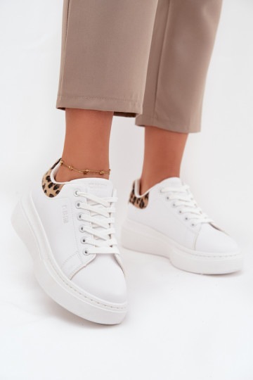 Scarpe da donna bianche stile sneakers con plateau Big Star SS274247 e motivi in pelliccia di leopardo 2