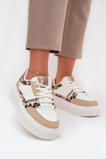 Scarpe da donna sneakers bianche e sabbia con plateau Big Star SS274357 e motivi in pelliccia di leopardo