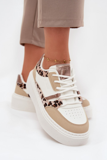Scarpe da donna sneakers bianche e sabbia con plateau Big Star SS274357 e motivi in pelliccia di leopardo 2