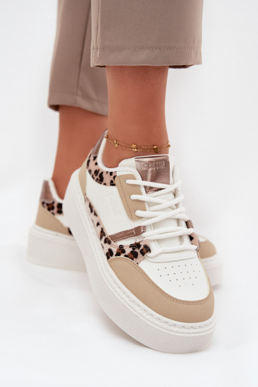 Femminile Scarpe modello sneakers con una piattaforma Big Star SS274357 con motivi di pelliccia di leopardo Bianco-beige