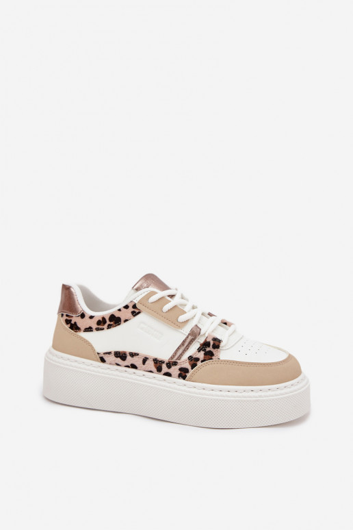 Femminile Scarpe modello sneakers con una piattaforma Big Star SS274357 con motivi di pelliccia di leopardo Bianco-beige