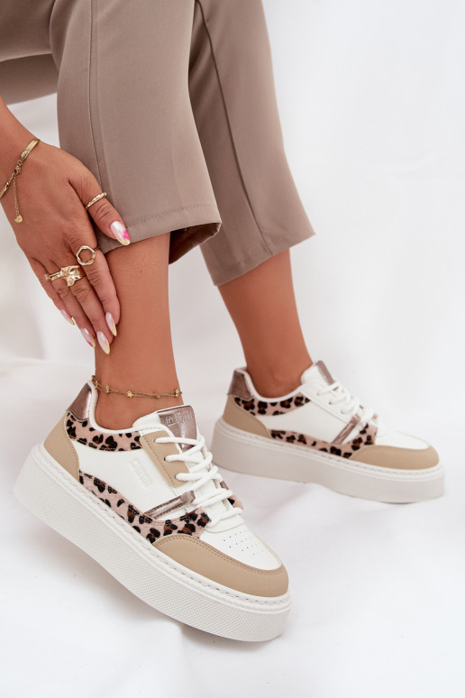 Femminile Scarpe modello sneakers con una piattaforma Big Star SS274357 con motivi di pelliccia di leopardo Bianco-beige