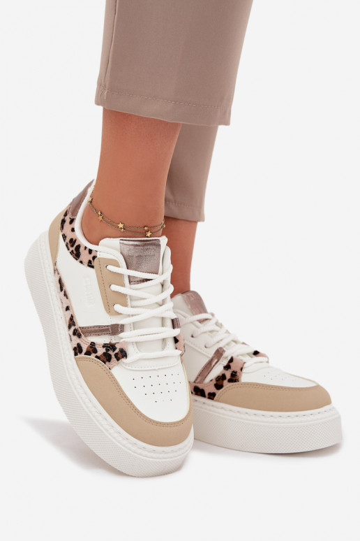 Femminile Scarpe modello sneakers con una piattaforma Big Star SS274357 con motivi di pelliccia di leopardo Bianco-beige