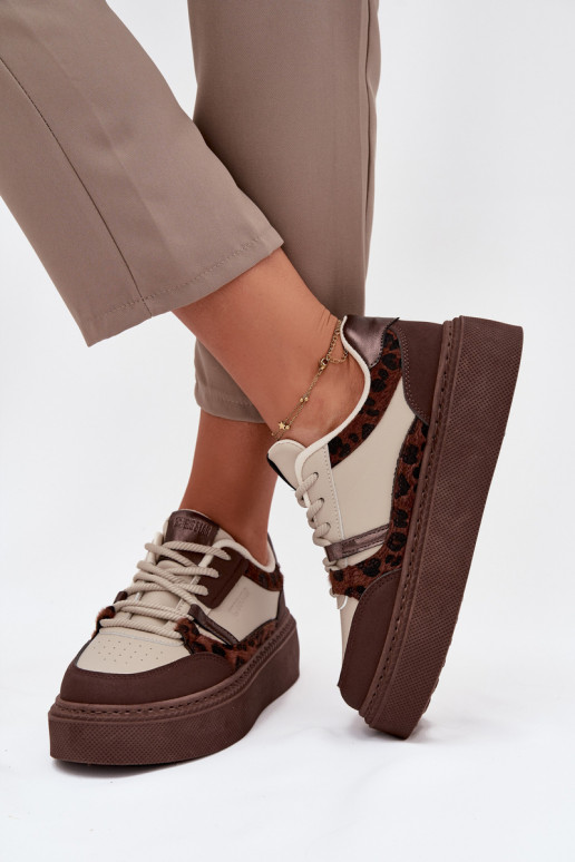 Femminile Scarpe modello sneakers con una piattaforma Big Star SS274356 con motivi di pelliccia di leopardo marrone-beige