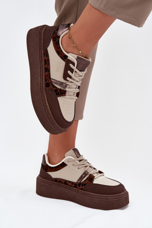 Femminile Scarpe modello sneakers con una piattaforma Big Star SS274356 con motivi di pelliccia di leopardo marrone-beige