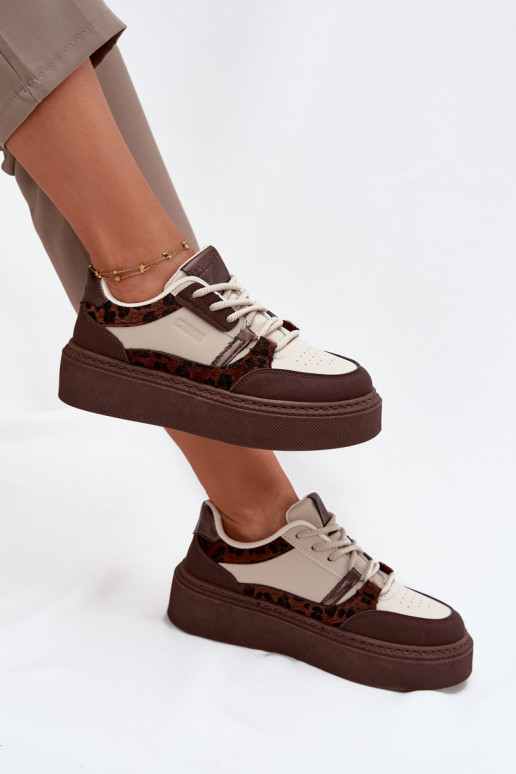 Femminile Scarpe modello sneakers con una piattaforma Big Star SS274356 con motivi di pelliccia di leopardo marrone-beige