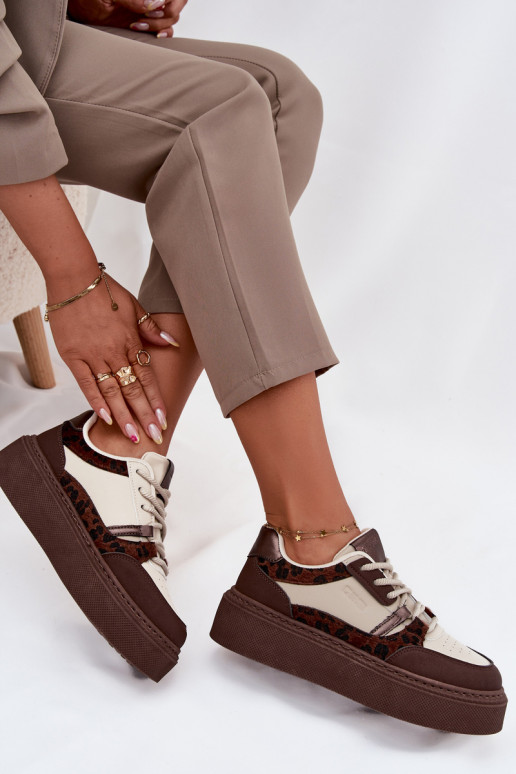 Femminile Scarpe modello sneakers con una piattaforma Big Star SS274356 con motivi di pelliccia di leopardo marrone-beige