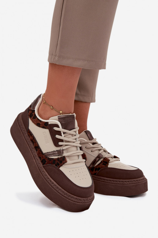 Femminile Scarpe modello sneakers con una piattaforma Big Star SS274356 con motivi di pelliccia di leopardo marrone-beige