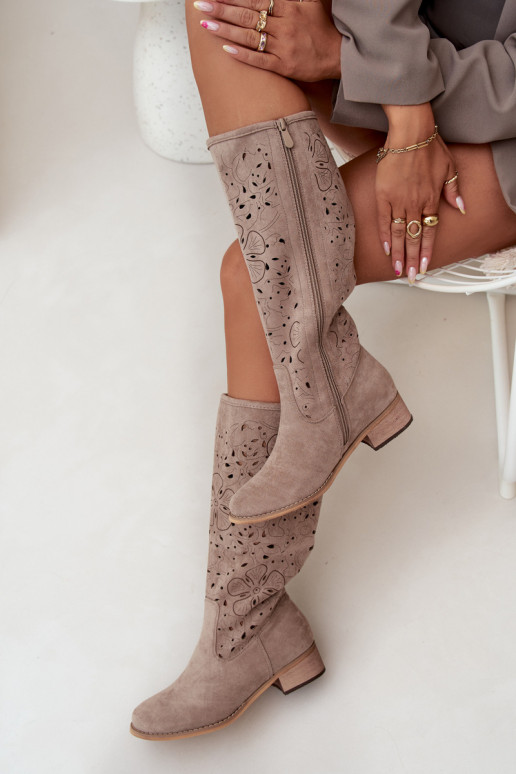 con elementi traforati stivali da donna Con tacco basso in ecopelle scamosciataoAe Fissato Al Castello beige Orchides