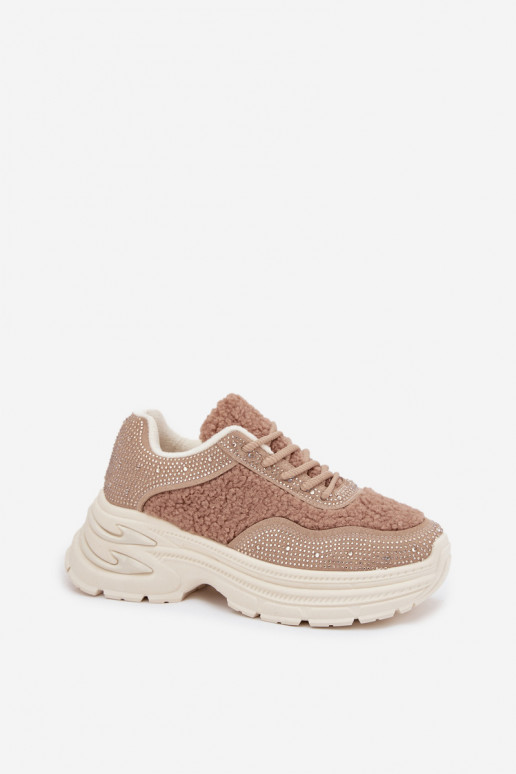 Scarpe modello sneakers Femminile con gli occhi scintillanti e una pelliccia Typu Baranek beige Zarika