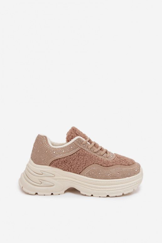 Scarpe modello sneakers Femminile con gli occhi scintillanti e una pelliccia Typu Baranek beige Zarika