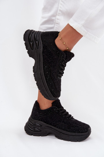 Sneakers da donna con occhielli scintillanti e pelliccia di agnello nere Zarika