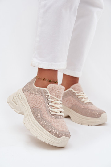 Sneakers da donna con occhielli scintillanti e pelliccia di agnello color avorio Zarika