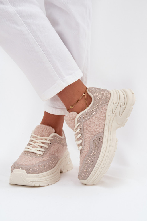 Scarpe modello sneakers Femminile con gli occhi scintillanti e una pelliccia Typu Baranek colore avorio Zarika