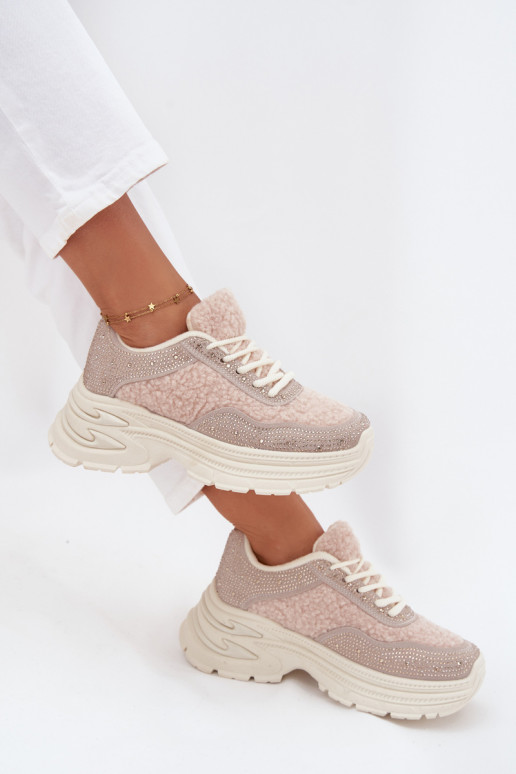 Scarpe modello sneakers Femminile con gli occhi scintillanti e una pelliccia Typu Baranek colore avorio Zarika