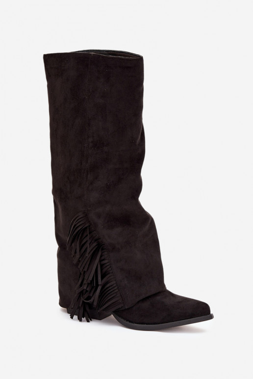 Stivali alti da donna stile cowboy, a infilare, con frange e tacco, neri Zalia