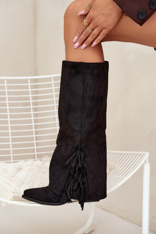 Stivali alti da donna stile cowboy, a infilare, con frange e tacco, neri Zalia