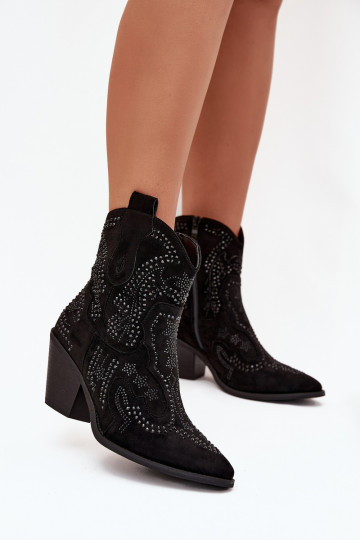 Stivaletti da donna in stile cowboy imbottiti con decorazione, neri Lelira