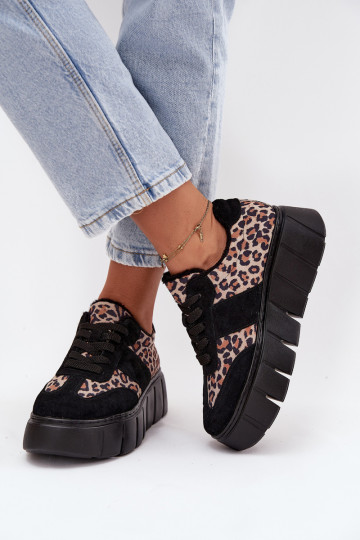 Scarpe sportive in pelle scamosciata nere da donna imbottite con plateau e dettagli leopardati Vinceza 66841