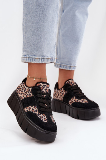 Scarpe sportive in pelle scamosciata nere da donna imbottite con plateau e dettagli leopardati Vinceza 66841 2