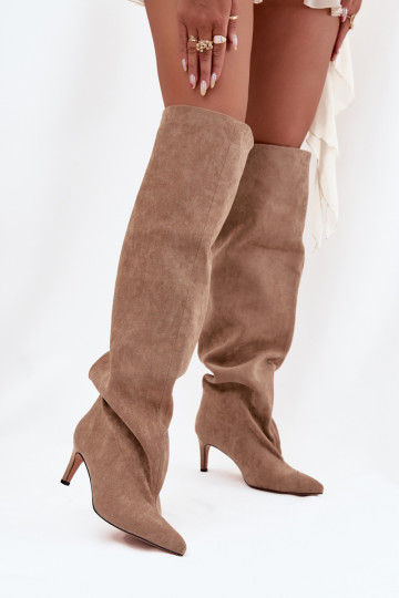 Stivali lunghi da donna con tacco sottile, modello slip-on, color sabbia Tai turivilla 2