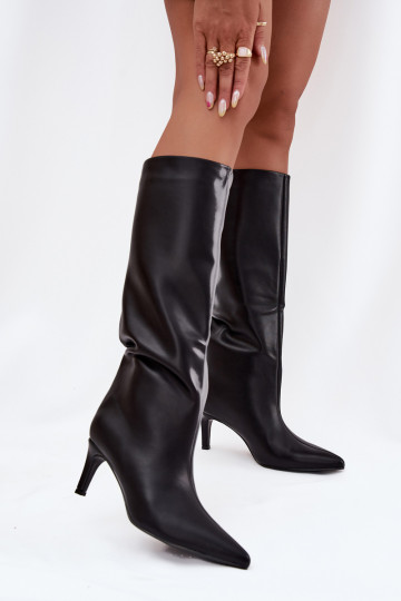 Stivali alti da donna slip-on riscaldati con tacchi sottili, neri, Olivienne 2
