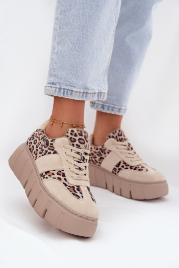 Scarpe sportive in pelle scamosciata beige da donna imbottite con plateau e dettagli leopardati Vinceza 66841