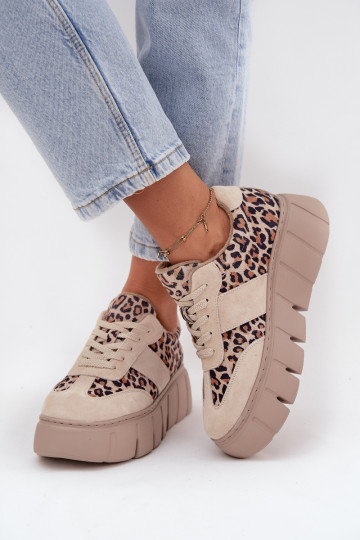 Scarpe sportive in pelle scamosciata beige da donna imbottite con plateau e dettagli leopardati Vinceza 66841 2
