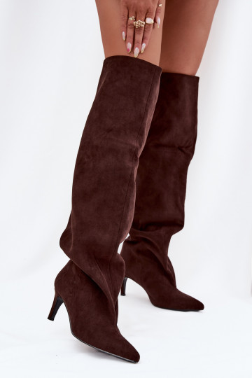 Stivali lunghi da donna con tacco sottile, modello slip-on, color cioccolato Tai turivilla 2
