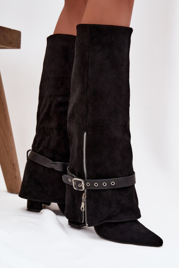 Stivali alti da donna modello slip-on con tacco, con tacchi decorati di colore nero Jolivine 2