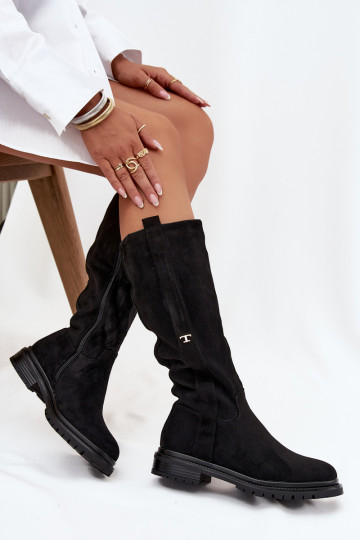 Stivali caldi Abilitato płaskim Obcasie in ecopelle scamosciataoAe colore nero Delyssa