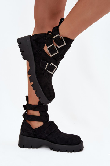 Stivaletti da donna con cinturini e fibbie color argento color nero "Helisse"
