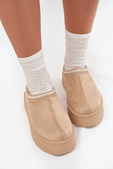 Stivali da neve beige Įjungtarirya da donna con tacco basso, platform e pelliccia