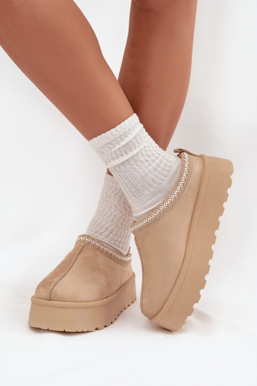 Stivali da neve beige Įjungtarirya da donna con tacco basso, platform e pelliccia