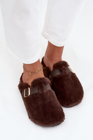 Pantofole donna con pelliccia, con piattaforma, cinturini e fibbie, color marrone Noraline
