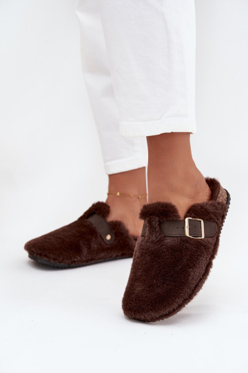 Pantofole donna con pelliccia, con piattaforma, cinturini e fibbie, color marrone Noraline 2