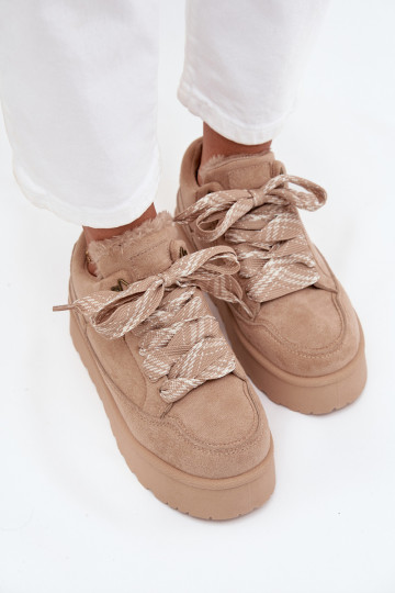 con lacci Stivali da neve Femminile con una piattaforma riscaldamento con pelliccia all interno beige Tavelle