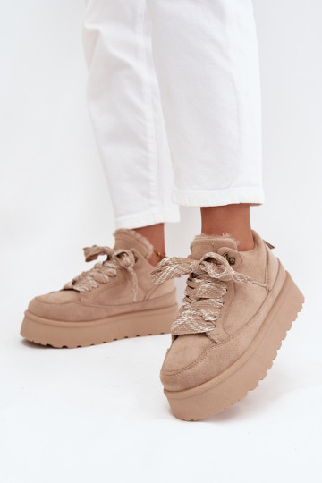 con lacci Stivali da neve Femminile con una piattaforma riscaldamento con pelliccia all interno beige Tavelle 2