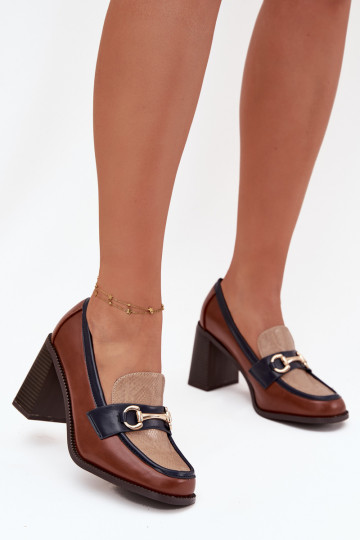 Scarpe col tacco alte da donna con stampa e dettagli color oro, color sabbia-marrone, Novella